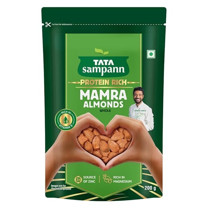 Tata Sampann Mamra Almonds (Whole)/Badam (Whole), Rich in Vitamin E, Protein, Magnesium, and Source of Zinc, Phosphorus, Dietary Fibre, Chef Ranveer Brar’s Choice, 200g
