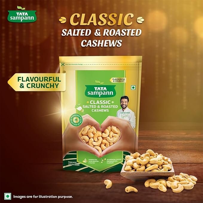 Tata Sampann Classic Salted & Roasted Cashews/Kaju, Flavourful & Crunchy Snack Handpicked, Salted & Slow Roasted Cashews Rich in Protein, Magnesium, and Phosphorus, No Artificial Colours, Preservatives & Flavours, 190g