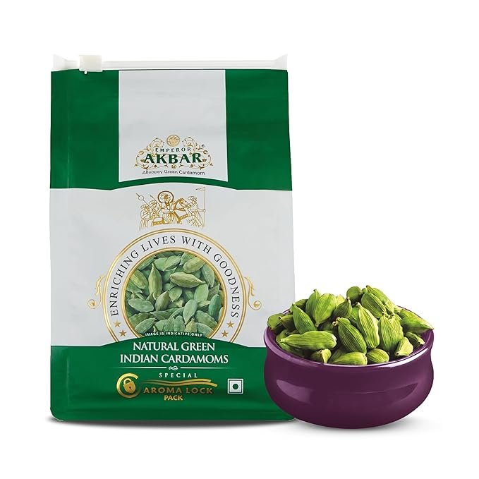 Emperor Akbar Alleppey Whole Green Cardamom 7–8mm | Premium Kerala Elaichi | Long-Lasting Aroma | 100% Natural & Handpicked | Antioxidant-Rich Spice for Tea, Cooking & Desserts | 50g | Pack of 1