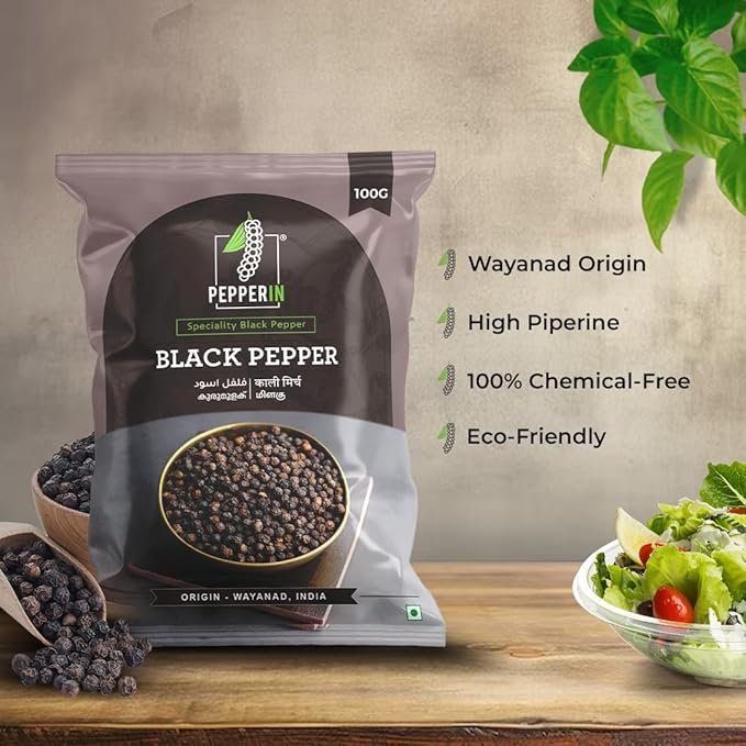 Pepperin® - Black Peppercorns (Whole) Bold | 100% Natural Sabut Kali Mirch | 100% Chemical-Free | Wayanad Origin - 100gm Pouch