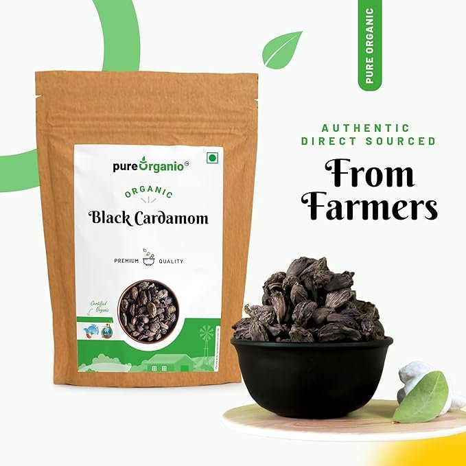 Pure Organio Organic Badi Elaichi - Black Cardamom Whole - Ideal for Cooking and Baking, Aromatic Indian Spice (100 Gm)